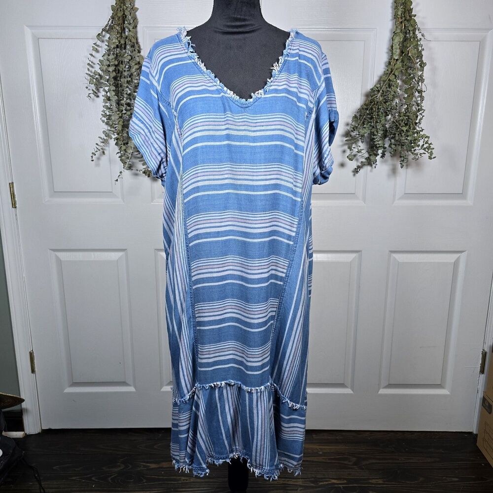 Philosophy Blue Striped Raw Edge Casual Kaftan Shift Dress XL Coastal Grandma